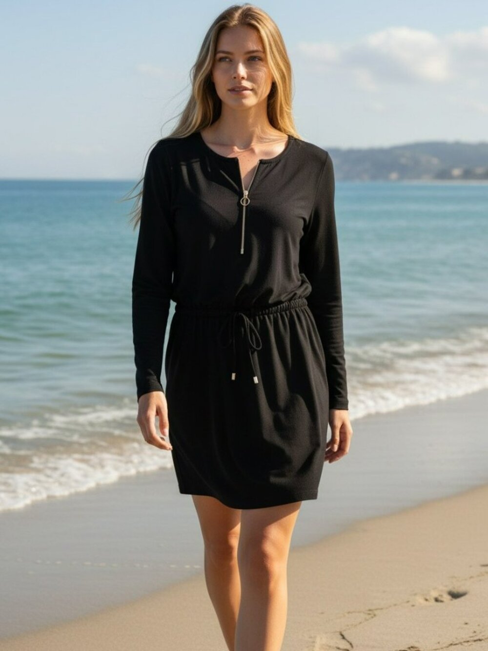 LASCANA Black Zip Front Swim Coverup Tunic Drawstring Dress Size 4